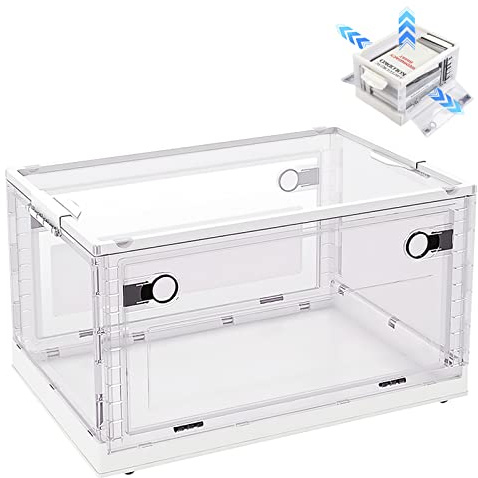 BTGGG Collapsible Storage Box Medium 30L Stackable Clear Plastic Wardrobe Storage Box Organizer 41 * 30 * 25cm, 3 Sides Openable for Easy Access, Folding Containers Bin for Books Toys Clothes(White)