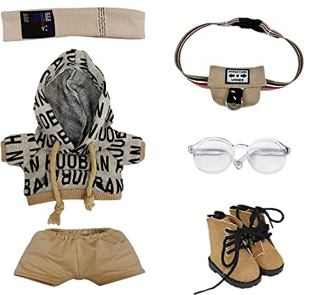 niannyyhouse 15 cm Plüsch-Puppenkleidung, lockerer Hip-Hop-Anzug, Kopfbedeckung, Hose, Rucksack, Brille, Schuhe, 15,2 cm, Puppenzubehör (braun, 15 cm)