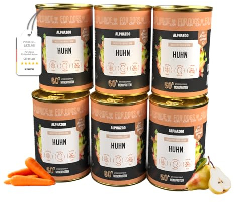 alphazoo Nassfutter Hund Monoprotein Huhn 6×400g – getreidefreies Nassfutter für Hunde – Premium Hundefutter mit Hühnerfleisch, Möhren & Birne – proteinreich, natürlich & Made in Germany