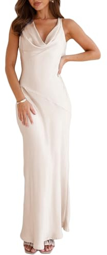 KOUNAI Satin Cowl Neck Sleeveless Backless Maxi Wedding Guest Dress Silk Open Back Tie Back Prom Formal Dresses for Women 2024, Champagne, XS