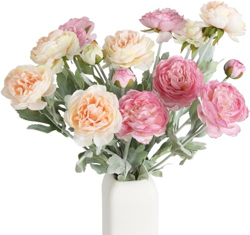 IPOPU Künstliche Pfingstrosen, 6 Stück, Ranunkel, Seidenblumen, 18 Köpfe, rosa Blumen, Kombi, Champagner, künstliche Blumenarrangements, Hochzeitsdekorationen für Zuhause, Küche (Champagner und Rosa)