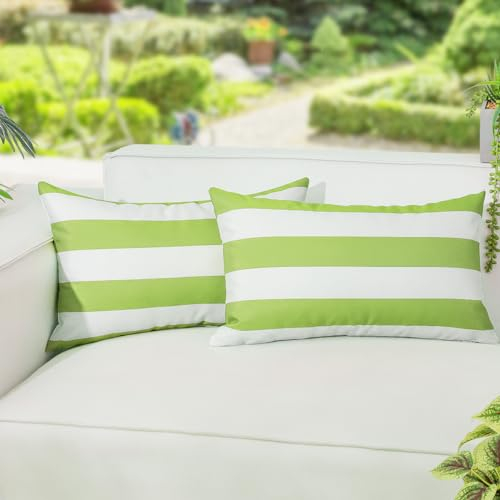 Lewondr Outdoor Kissenbezüge, 2 Stück 30x50cm Quadratische Streifen Wasserdicht Kissenbezüge für Outdoor Terrasse Veranda Bauernhaus Garten Balkon Couch, Grün & Weiß