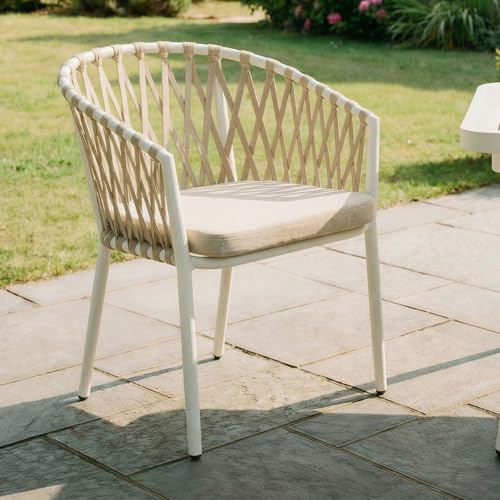 IDIMEX Gartenstuhl Sunny 6er Set, weiß/Champagner, robuste Outdoor-Stühle mit Rope Bespannung. Wasserabweisende Sitzkissen, Gestell aus pulverbeschichtetem Aluminium.