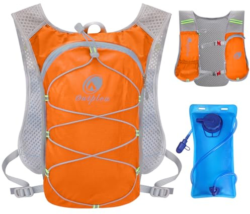 Outplea Ultraleicht Laufweste mit Trinkflasche 2L, Trinkrucksack Laufen für Damen Herren, Reflektierende Fahrradrucksack für Wandern Trailrunning Radfahren Joggen, Orange