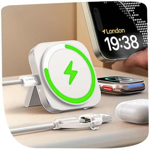 LISEN für Ladestation Apple Watch Und iPhone,Magsafe Ladegerät für iPhone 17 Pro Air 16 Pro Max/15/14/13/12 Zubehör [Super Tragbar] Wireless Charger 2025 Induktive Ladestation,weiß