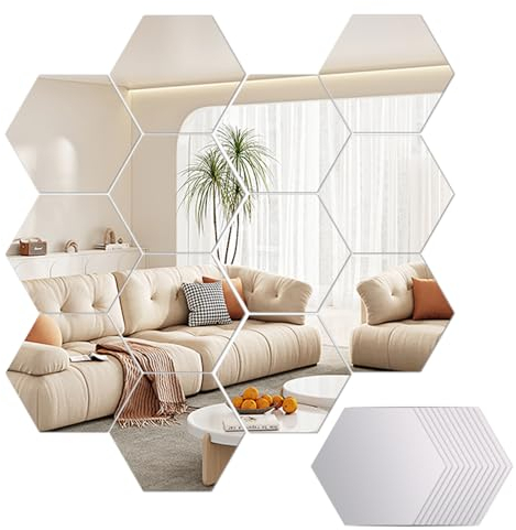 uinnossvc 12 Stück Spiegelfliesen Selbstklebend, Hexagon Spiegel zum Kleben, Klebespiegel Fliesenspiegel Acryl Spiegel Wand für Zimmer,Schlafzimmer Aesthetic,Bett,Wall,Living Room,Flur Deko