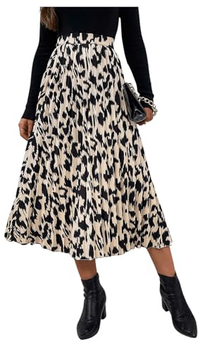 SOLY HUX Damen Elegant Leopardenmuster A-Linien Rock - Langer Plissee Freizeitrock Mit Elastischem Bund - Schwarz L