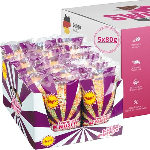 Frigeo Puffreis mit Mais | Fruchtiger Knusper-Snack | 5x80g, 15x80g, 30x80g Packungen | Dragierte Mais-Reis-Mischung (5x 80g)