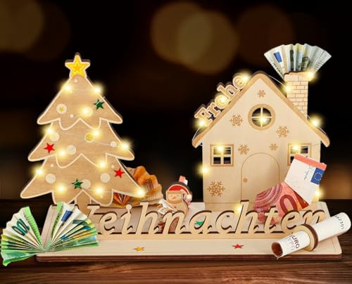 Giftota Geldgeschenk Weihnachten aus Holz mit LED Lichterkette - Geschenkideen Weihnachten - Geldgeschenke Verpackung für Familie Freunde Kollegen