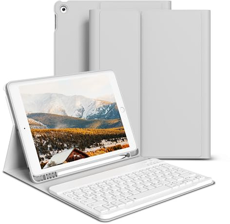 GKABXY hülle mit Tastatur für iPad 9/8/7 Generation 10,2, 2021/2020/2019 | weiche TPU Rückseite Gehäuse mit Stifthalter, Magnetische Abnehmbar Kabellose Bluetooth Tastatur, QWERTZ-Layout, Grau