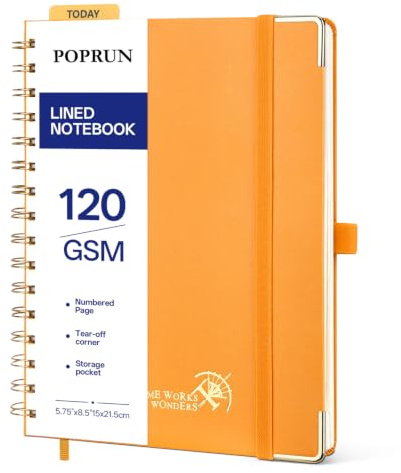 POPRUN Notizbuch A5 Liniert, Horizontal Line Journal, Spiral-Notizbücher 120 GSM Papier, 141 nummerierte Seiten, Hardcover mit Kleberegisterkarten und 8 Abreißblättern - OR(Orange)