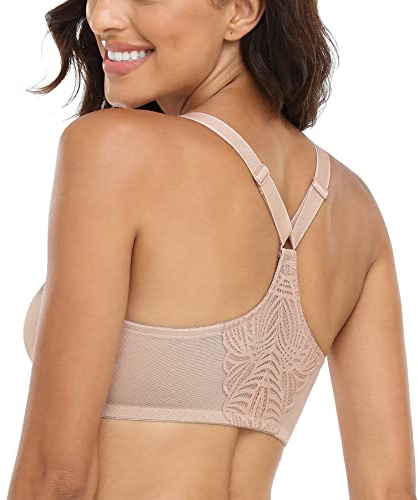 Lemorosy Damen Vollschalen Ungepolster Bügel BH Vorne Vershcluss T-Shirt BH Komfort Große Größen T-Rücken Blumenspitze(Beige,90D)