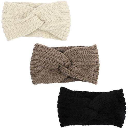 Stirnband Damen Winter, 3 Stück Gestrickt Frauen Haarreifen, Haarband Damen Winter Breit, Ohrenwärmer Elastische, Vintage Haarschmuck für Yoga Workout