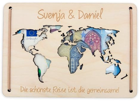 Hochzeitsgeschenk Geld Weltkarte Geldgeschenk Hochzeit personalisiertes Hochzeitsgeschenk für Brautpaar Geschenk Hochzeitskarte aus Holz 12x17 cm