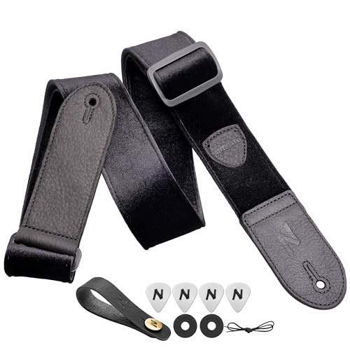 Nefelibata Gitarrengurt,Doppeltes Vollnarbenleder,Vintage Velvet Strap/FREE BONUS-4 Plektren+Strap Locks+Strap Button,Geschenk für Bass,Elektro&Akustik Gitarren(Weinlese Mystic Schwarz)
