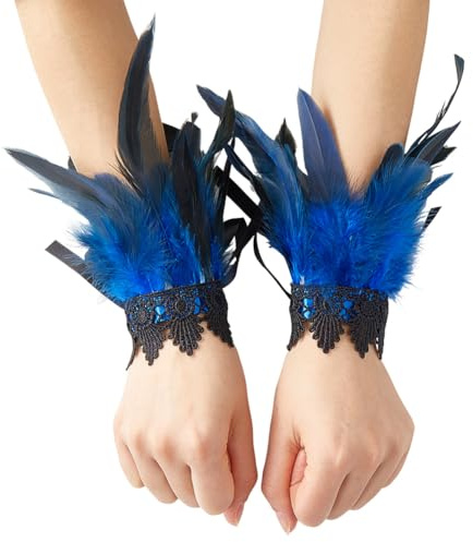 CABODYALS 1 Paar Federmanschetten Spitzenhandschuhe Für Das Handgelenk Blaues Blumenarmband Mit Engelsflügeln Gotisches Netzarmband Schwanenhexen Armmanschette Für Frauen Cosplay Halloween Party Auftr