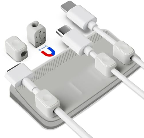 Magnetischer Kabelhalter mit 5 variablen Magnetclips, Universeller Kabelmanager für Schreibtische, haftet auf Holz, Marmor, Metall, Glas – Ideal für Lightning-Kabel, USB-C-Kabel, Mikro-Kabel (grau)