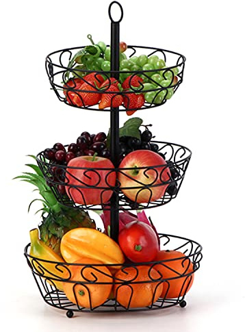 YENTAKE 3 Stöckig Obst Etagere - Obst Aufbewahrung, Obstkorb aus Metall, Schwarzes Obstkorb Etagen Aufbewahrung für Küche, Wohnzimmer Büro