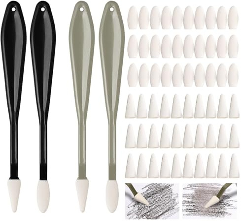 Pastel Blending Tools,4 Pcs Abs Plastic Handle Sketch Wiper Pen with 60 Pcs Washable White Sponge Heads(Pointed,Round),Sketch Shadows Blend Tool,for Students and Artists Detail Painting(Gray,Black)