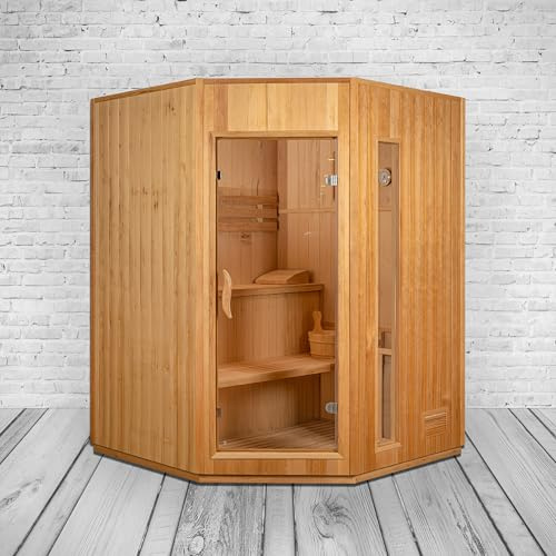 Finnische Sauna Alaska I für 3 Personen – Hochwertiges Hemlock-Holz, Harvia 4500 W Saunaofen, Zubehör-Set, Glastür, Sanduhr, Thermometer, Beleuchtung – Einfache Montage & energiesparend