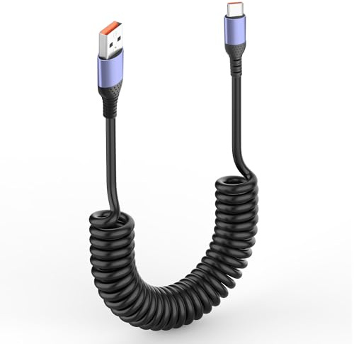 JSADZKJ Cavo di ricarica rapida USB a tipo C, cavo a spirale, cavo USB A a USB-C, 6A, cavo di ricarica USB di tipo C, cavo corto per auto, telefoni, tablet, power bank e altri dispositivi USB C 1FT