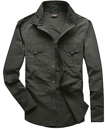 Foweknow Camicia da uomo a maniche lunghe, vestibilità normale, a maniche lunghe, ad asciugatura rapida, traspirante, con bottoni, da lavoro, per attività all'aperto, militare, da caccia, da pesca