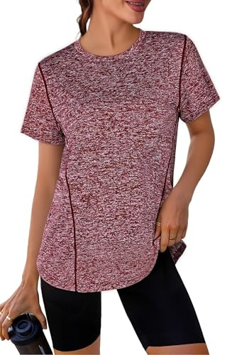 Crewhpo Maglia Sportiva Donna Traspirante Magliette Sportive Maniche Corte T Shirt Yoga Girocollo Tshirt Palestra Asciugatura Rapida Maglietta Trekking Top Fitness Tennis Golf Running Rosso Vino M