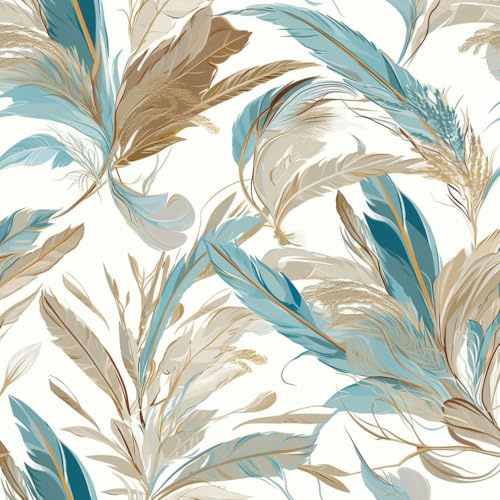 JIAOQSS Klebefolie für Wände Vintage Federn Boho Braun Goldene Blätter Mustertapete Wandtapete Klebefolie Möbel Wasserdichte Klebetapete Wohnzimmer Schlafzimmer Möbelfolie Dekor