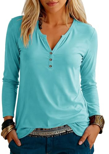Teesho T-shirt för kvinnor, långärmade v-ringade toppar, eleganta skjortor, höst, långtröja, bomull, pullover, toppar, tunika, L