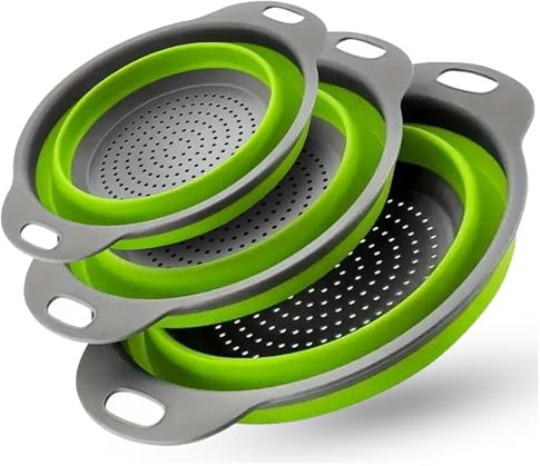 Collapsible Colander Set,Premium Food Grade Silicone Folding Strainers with Handles Space Saving Colanders for Draining Pasta,Vegetables & Fruits,Ideal for Kitchen & Travel (3pc Green)