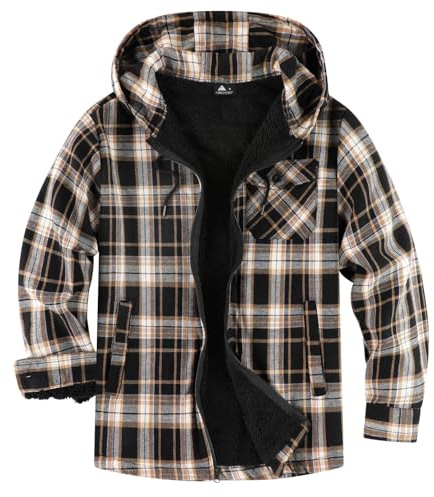 geeksport Men's Fleece Flannel Jacket Full Zip Padded Lumberjack Warm Plaid Hoodies with Sherpa Lining Winter Coat for Outdoor & Casual Wear