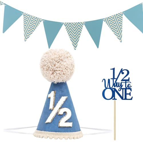 BeoTnp 1/2 Birthday Hat, Half Birthday Decorations Set, Blue 6 Months Birthday Party Hats with Cake Topper and Bunting, Photo Props for Milestone Celebrations, Arrange Birthday Party