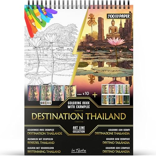 In Textu – Destino Tailandia – Libro para colorear para adultos y adolescentes con ejemplos coloridos inspiradores – Papel Premium 200 g/m² – Encuadernación Espiral Fina – Cuaderno para colorear