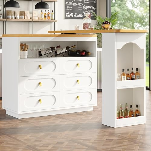 Bladez Ausziehbarer Bartisch 360° Drehbares Sideboard Essbar, Modernes Multifunktionales Bar Tisch aus Holz, 138-203cm, mit Schubladen und Stauraum Regal, für Küche, Wohnzimmer, Esszimmer (Weiß)