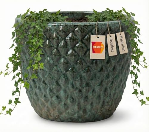 Teramico Keramik Pflanzgefäß Bubble (Moos Grün 30cm) | Hochwertige, frostfeste Keramik mit einzigartiger Bubble-Struktur und Wasserablaufloch für Garten, Balkon & Terrasse.