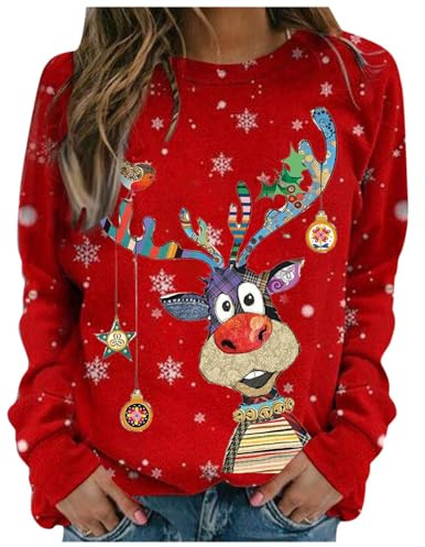 Générique Pull de Noel Femme,Pull Noel Femme,Renne de vin décontracté et Confortable à Manches Sweats Longues et imprimé Tendance Femmes