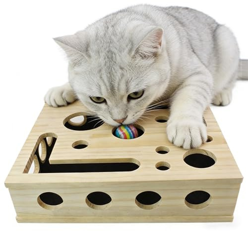 CAIEJSAEN Katzen Kratzbrett für scharfe Katzenkrallen 30X25X8CM Kratzpuzzle Spielbox Holz Katzen Nagelpflege Board Kratzspielzeug für Hauskatzen Interaktives Katzenlabyrinth-Spielzeug