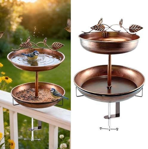 Vogeltränke Hängend für Balkongeländer, 30CM Metall Vogelbad Balkon mit Ständer Doppellagig Wassertränke Vogelfutterspender Große Kapazität Vogeltränke Balkon Vogelbad Stehend für Balkongeländer (A)