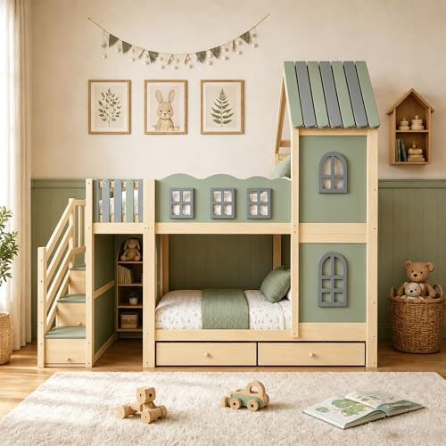 Moimhear Letto a castello, letto in legno, 90x200 cm, con griglia per letto a forma di nuvola, struttura del tetto con finestre, scala portaoggetti, ripiani e cassetti (colore legno + verde)