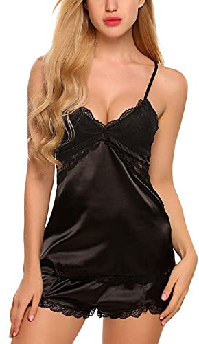 Aranmei Women Satin Pyjamas Set Sexy Lace Cami Set Nightwear Lingerie