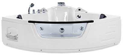 Whirlpool Badewanne Mallorca – Eckbadewanne mit 12 Massage-Düsen, LED-Beleuchtung, Armaturen & Glasfront | Maße: [144x144 cm] | Farbe: Weiß | Spa-Badewanne für 2 Personen