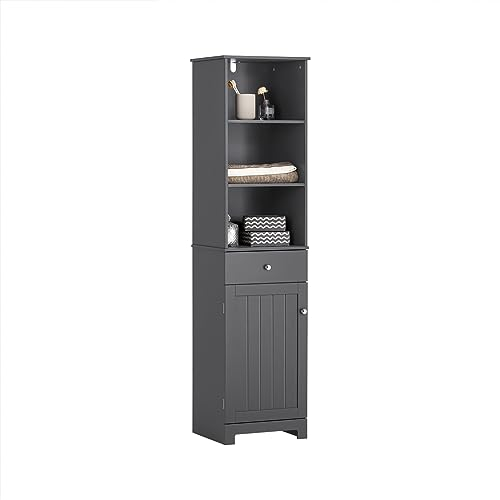 SoBuy Badezimmerschrank Badezimmer Hochschrank Schmal Badezimmermöbel mit 3 Regalfächern, 1 Schublade und 2 Türfächern 40x161x35 cm BZR17-DG