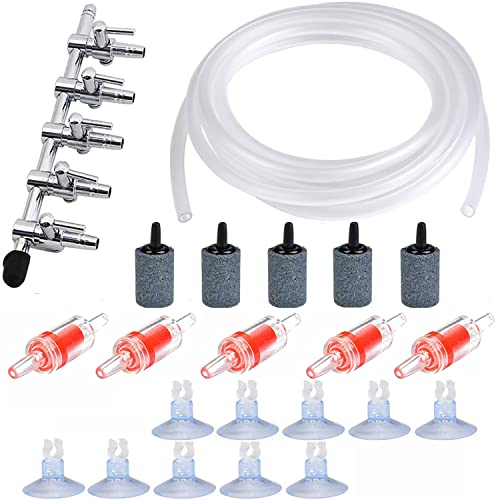 CTRICALVER Aquarium Luftpumpe Zubehör, mit 5wege-Luftstromregelung Wasserpumpensplitter Verteilerhebeladapter, 5M Luftschlauch, Sauerstoff Stein, Rückschlagventile, Saugnapf-Clips
