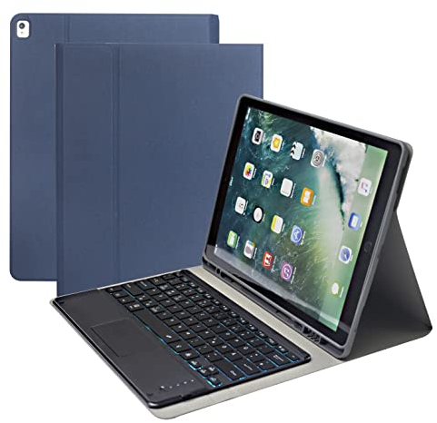 Tastatur Hülle für iPad Pro 12.9 2015/2017 (1./2. Generation), Englisches und Deutsches Layout, 7-Farbige Tastatur mit Hintergrundbeleuchtung Und Touchpad, PU-Ledertasche mit Stifthalter (Blau)