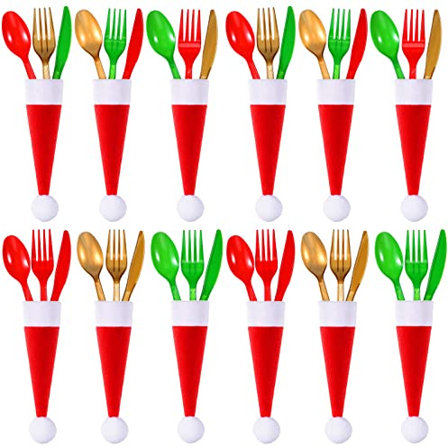 Yetene 144-teiliges Weihnachts-Besteck-Set aus Kunststoff, rot, grün und goldfarben, 36 Löffel, 36 Gabeln, 36 Messer und 36 Weihnachtsmannmützen, traditionell, Partyutensilien