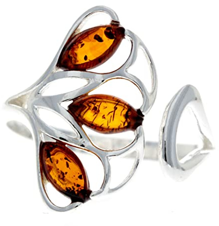 Silver Amber Jewellery GL716 - Anello moderno in argento Sterling 925 e vera ambra baltica, Misura unica, Gemma, Ambra