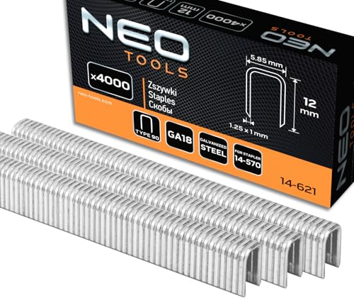 NEO TOOLS Grapas galvanizadas para grapadora neumática (para NEO modelo 14-570), GA18, tipo 90 (4K), longitud 10-40 mm, 4000 unidades, alambre de acero galvanizado, resistente a la corrosión (12 mm) | Modelo 14-570, GA18, tipo 90 (4K), longitud 10-40 mm, 4000 unidades, de alambre de acero, resistente a la corrosión