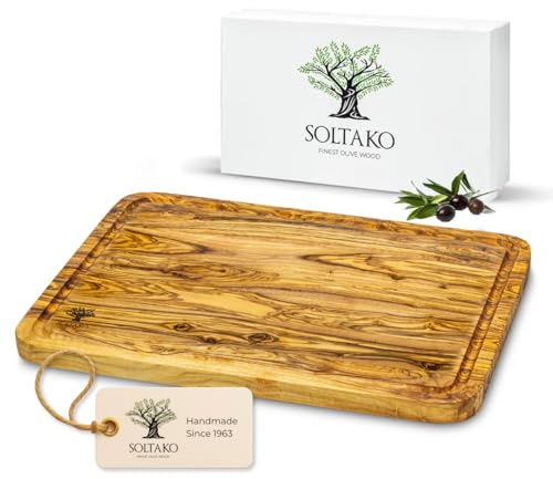 SOLTAKO Schneidebrett Olivenholz mit Saftrille 33 x 22 cm The Wood Master M - massives Servierbrett, Tranchierbrett aus Oliven Holz