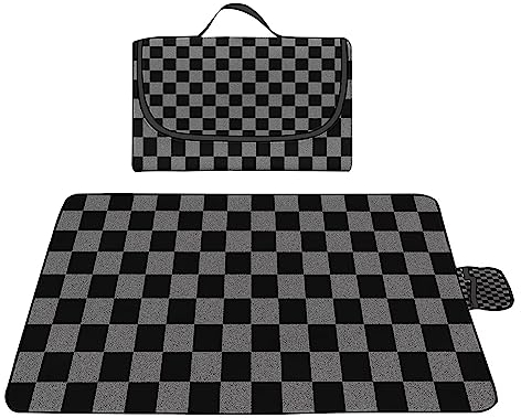 Yoonqun Picknickdecke 200x200cm,Wasserdicht Strandunterlage,Schwarz-grau kariert Stranddecke XXL Weiche Campingdecke mit Tragegriff Strandmatte für Park,Garten,Strand,Waschbar