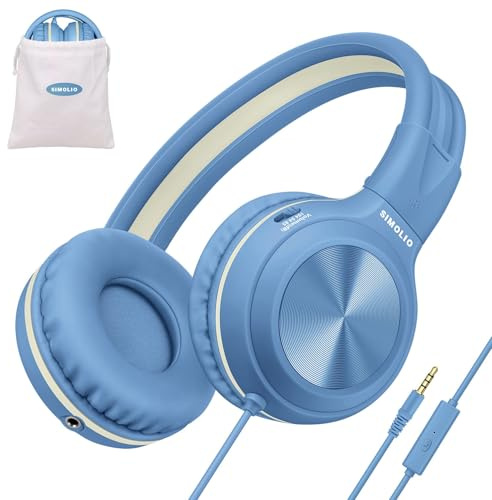 SIMOLIO Kinder-Kopfhörer mit Mikrofon und Lautstärkeregelung, faltbar, kabelgebunden, Stereo, 3,5 mm, Headset für Smartphones, Chromebook, Laptop, PC, Tablets, Reisen | Faltbare und strapazierfähige Stereo-Kopfhörer mit 85 dB, 94 dB, 104 dB, begrenzte Lautstärke & Tasche für Schule, Studenten